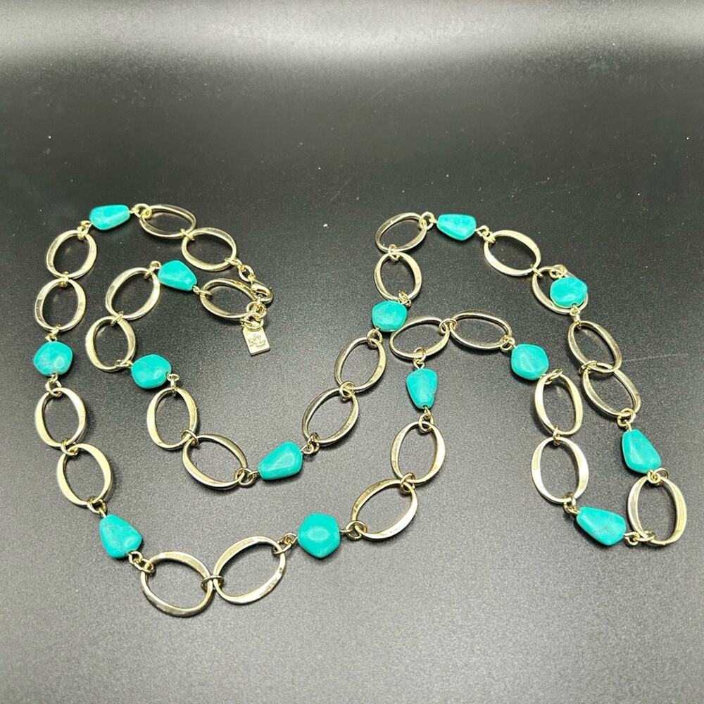 Ralph Lauren long necklace gold tone and faux turquoise #J12 signed RLL